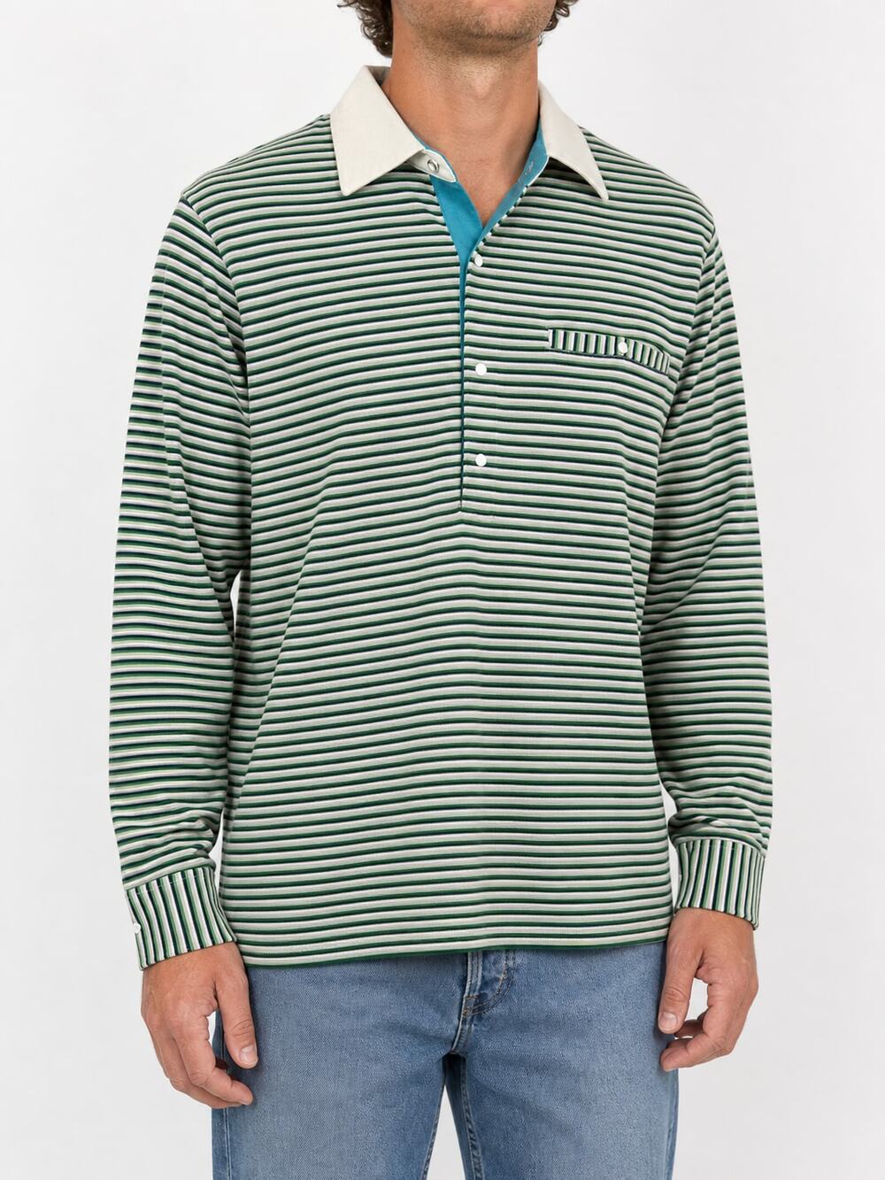 Fiat Men's M Green Navy White Striped Long Sleeve Polo Style Shirt Preppy